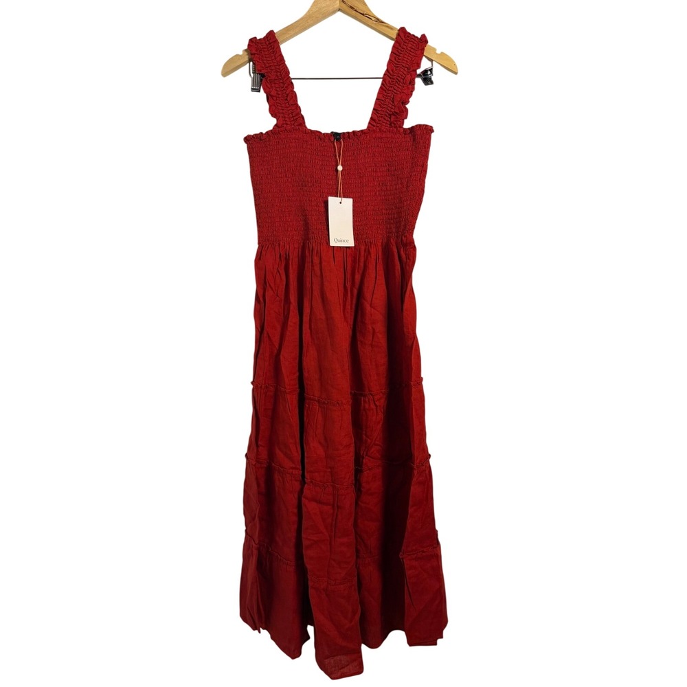 Quince Smocked Midi Dress XL Chile Red 100% European Linen‎ Tiered Ruffle Strap